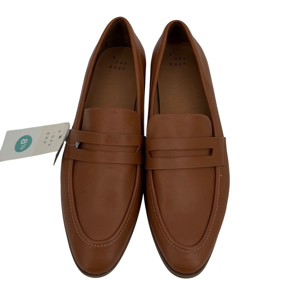 A New Day Loafers Womens 8.5 Cognac Brown Memory Foam Almond Toe Flat Shoes